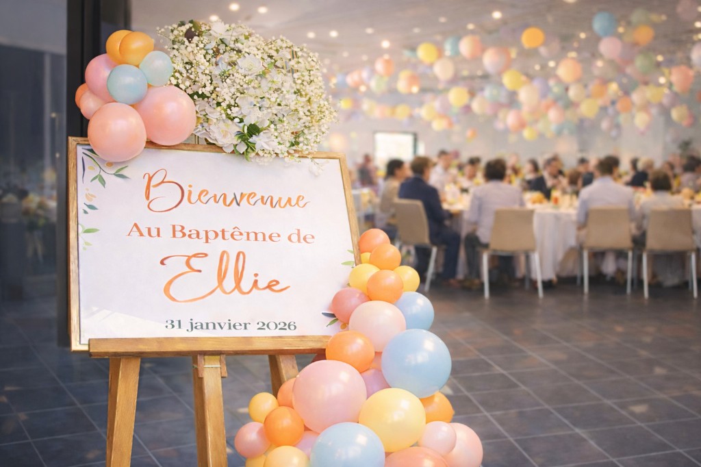 Baptême d'Ellie - Panneau de bienvenue avec ballons