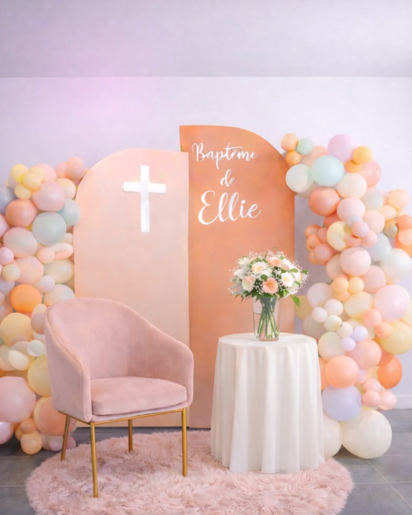 Baptême d'Ellie - Décor photo avec ballons pastels