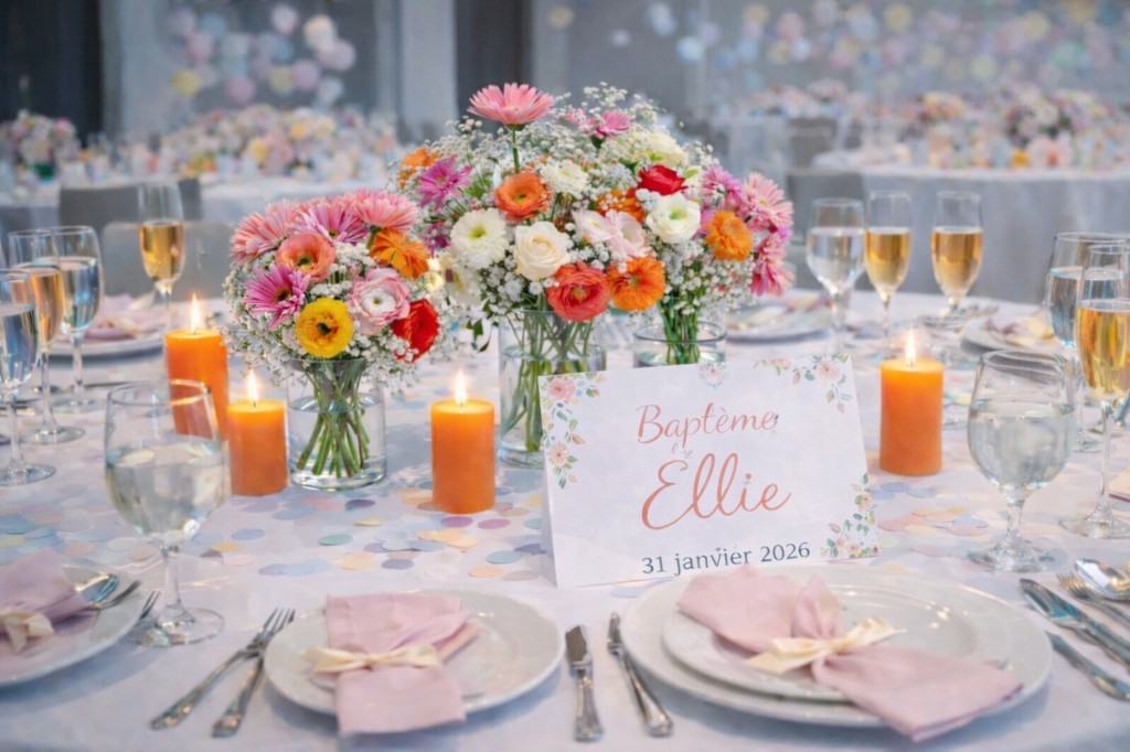 Baptême d'Ellie - Décoration de table avec fleurs colorées